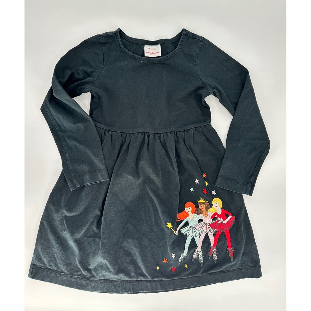 Hanna Andersson Girls Dress Size 6 7‎ Long Sleeve Black Ballerina Applique Twirl